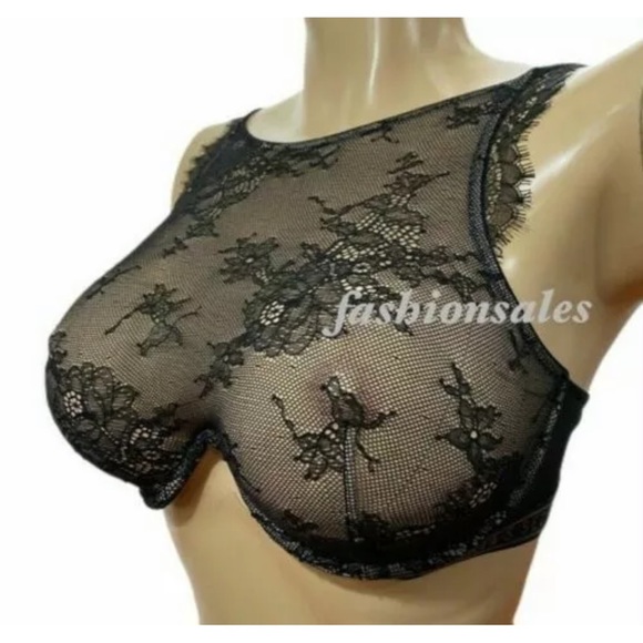 NWT Victorias Secret Very Sexy Chantilly High Neck Floral LaceUnlined Bra Black - Picture 3 of 3